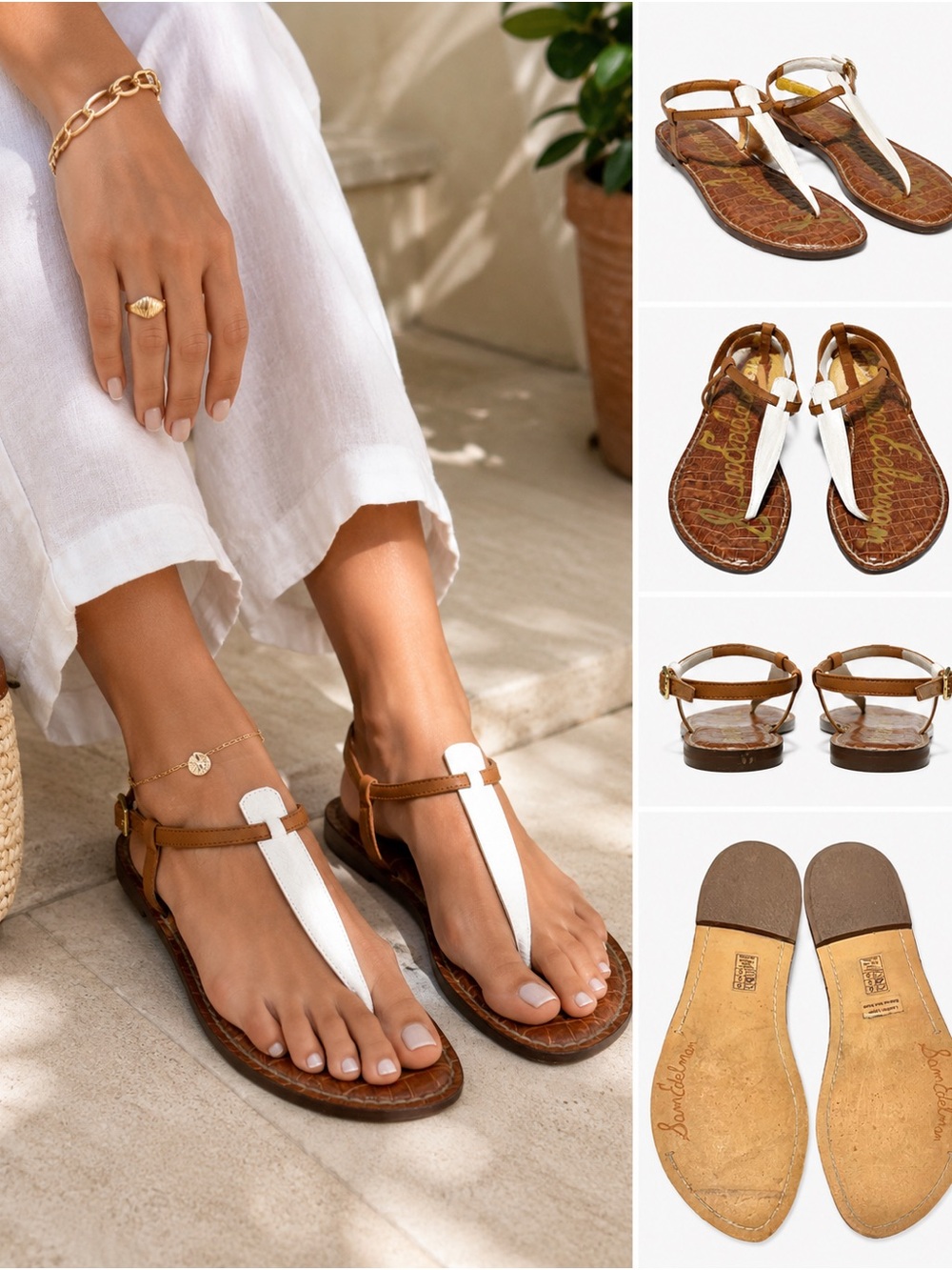 SAM EDELMAN White Leather T-Strap Sandals Boho Resort Minimalist